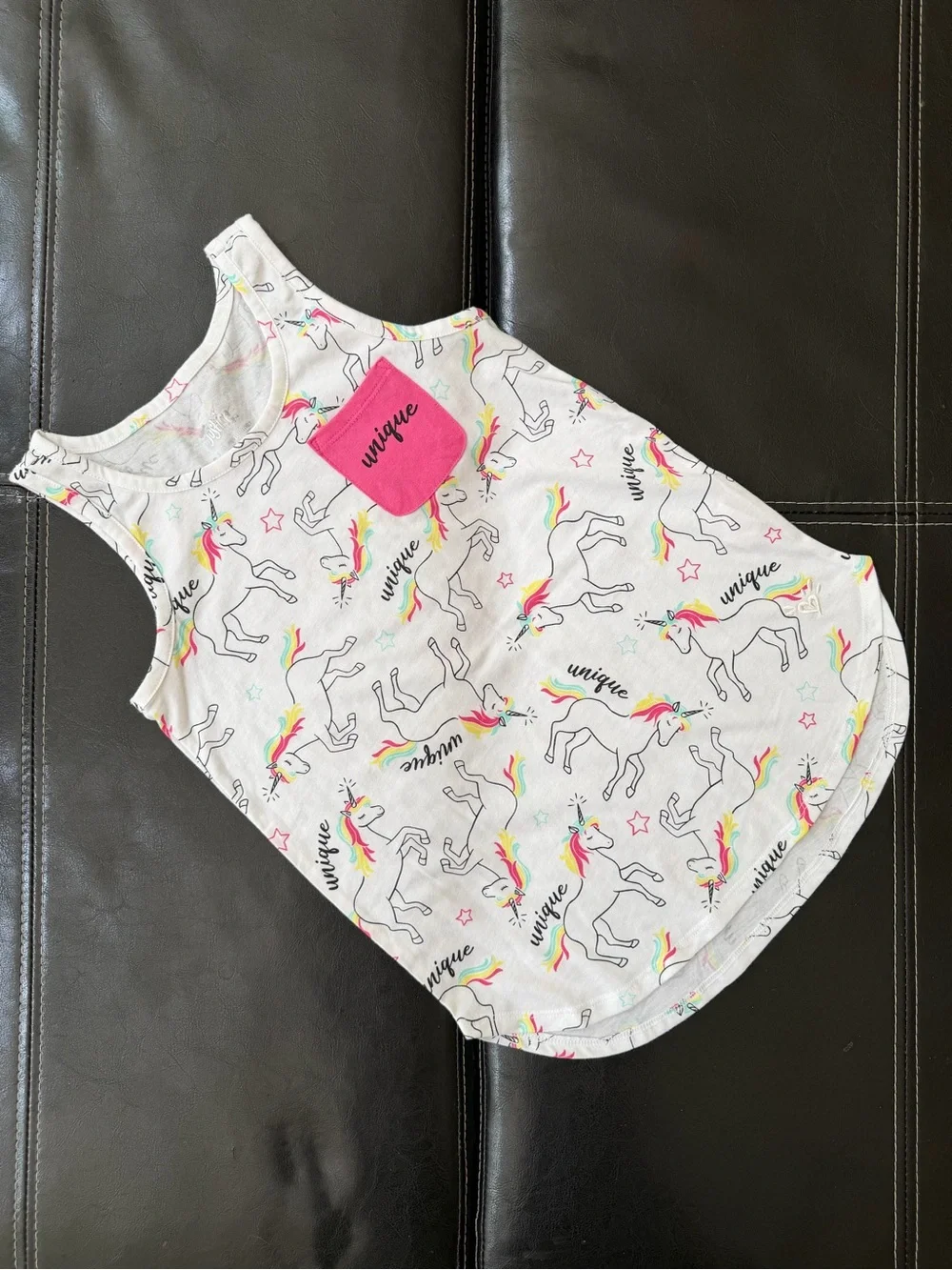 Justice - White Unicorn Tank with Pink “Unique” Pocket and Rainbow Accents